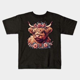 Funny highland cow with flower crown Kids T-Shirt